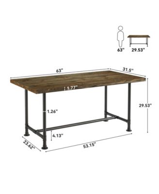 63-Inch Solid Wood Dining Table for 4-6, Industrial Large Kitchen Table with Metal Footrest, Rectangular Wooden Dinner Table