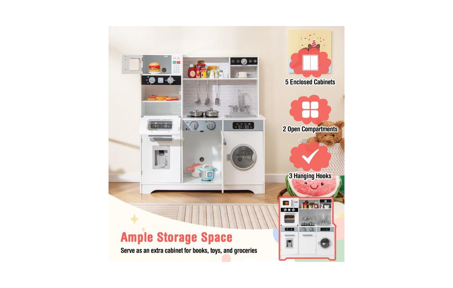 Детские игрушки HONGGE Pretend Play Kitchen Wooden Toy Set with Real Lights and Sounds, цвет: Белый — фото 7