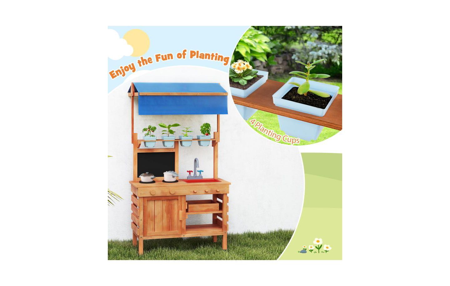 Детская игрушка HONGGE Wooden Adjustable-Canopy Pretend Play Kitchen with Accessories, Ages 3+, цвет: Натуральный — фото 6