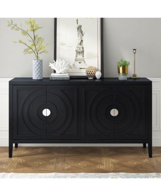 Retro Storage Sideboard, 4-Door Buffet Cabinet with Circular Groove Design and Round Metal Handles for Living Room and Dining Room