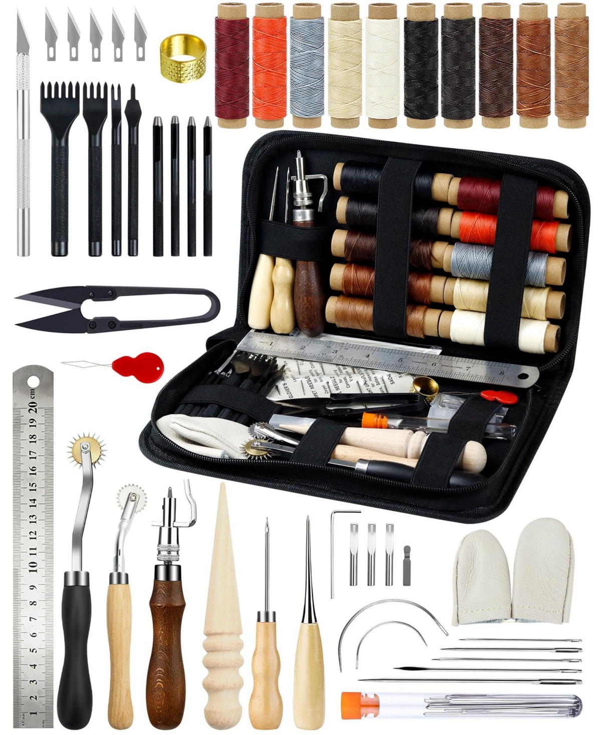 Gnuadz 7-in-1 Leather Working Tools Beginners Kit Waxed Thread Groover Awl Stitching Punch Leathercraft Gifts - Assorted pre-pack