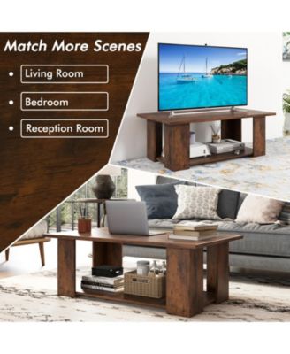 41-Inch 2-Tier Wooden Coffee Table with Open Storage Shelf