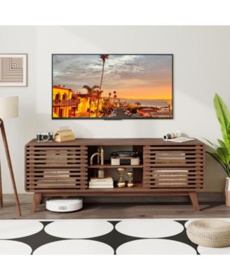 TV Stand for TVs with Sliding Doors and Adjustable Shelves for Living Room-Walnut