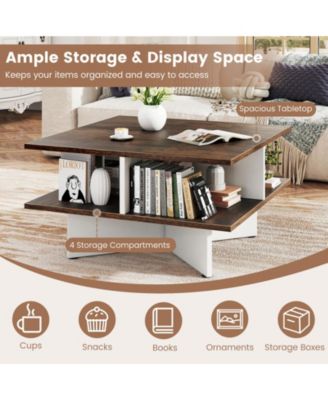 2-Tier Square Coffee Table with 4 Storage Compartments