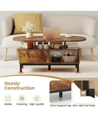 47-Inch Oval Coffee Table with Drawers and Open Compartments
