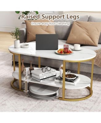 Oval 2-Tier Coffee Table with Open Storage Shelf