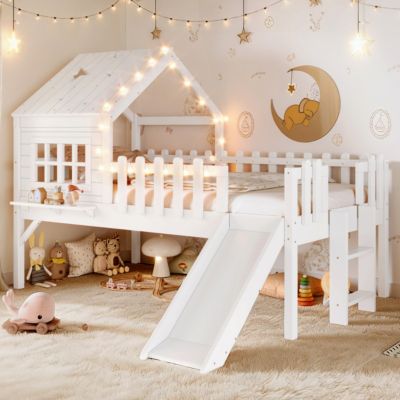 Twin Loft Bed with Slide, Playhouse, LED Lights