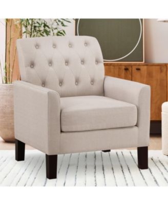 Classic Button-Tufted Linen Accent Chair with Solid Wood Legs