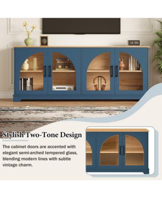 Farmhouse TV Stand for TVs , Two-Tone Media Console Table with Semi-Arched Glass Doors and Cable Management for Living Room