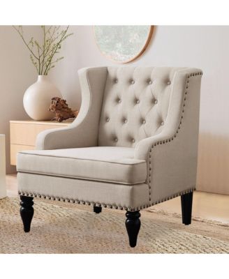 Vintage Button-Tufted Linen Accent Chair with Nailhead Trim, Plush Seat and Solid Wood Legs