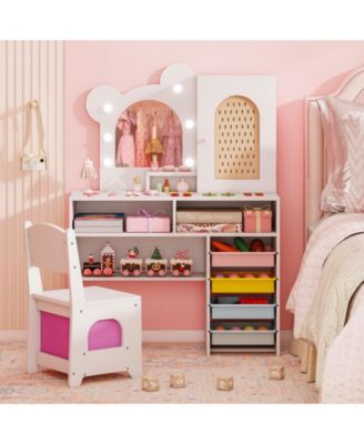 Children s Vanity with LED Lights and 5 Drawers, Kids Makeup Table