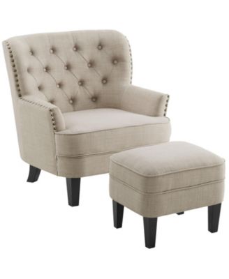 Vintage Button-Tufted Velvet Chair and Ottoman Set with Nailhead Trim and Solid Wood Legs