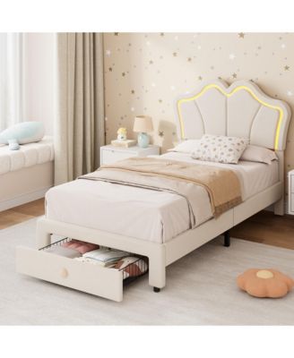 Twin Size Upholstered LED Storage Bed Frame for Kids – Velvet Platform Bed with App-Controlled Lights,Storage Drawers, Wood Slats