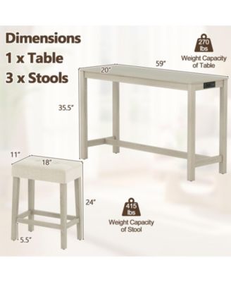 4-Piece Counter Height Bar Table Set with 3 Upholstered Stools and Built-in Charging Station, 59 x 20 x 35.5 in