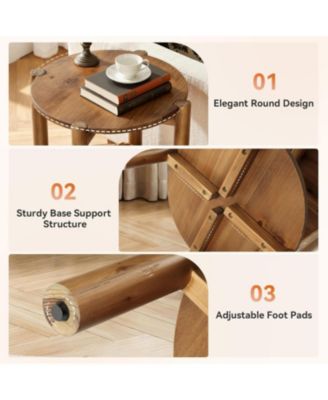 2-Tier Solid Wood Round Side Table, Farmhouse Rustic Nightstand, Small End Table
