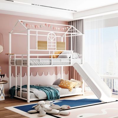 Metal Twin House Bunk Bed with Slide