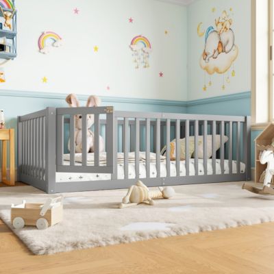 Bed Floor Bed with Safety Guardrails and Door for Kids