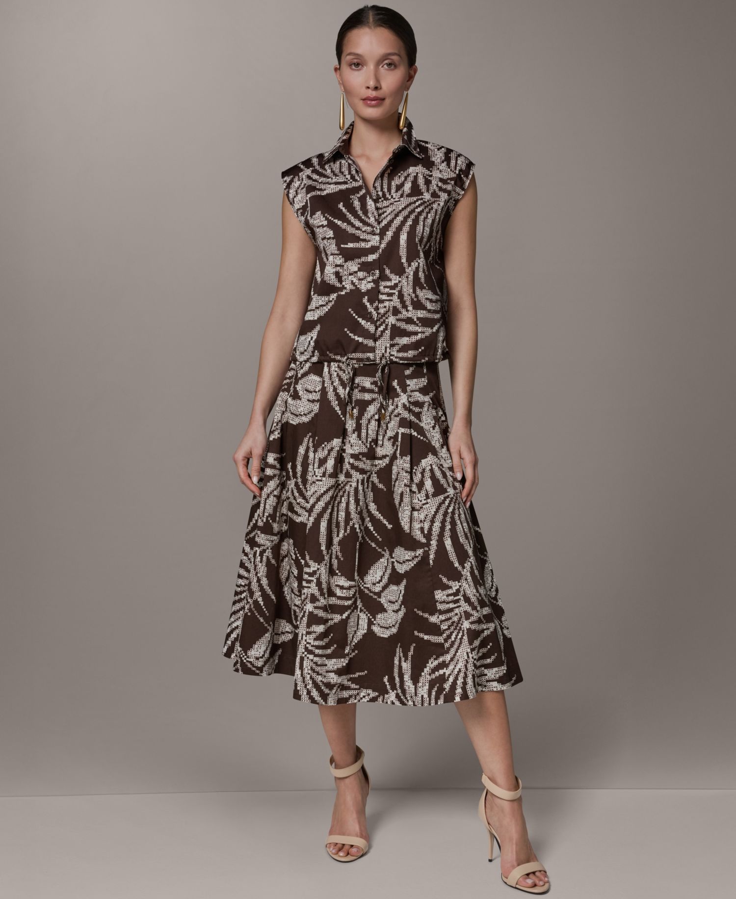 Women's Button-Front Drawstring Top and Printed Pleated Skirt