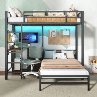 Metal Bunk Bed w/Table, Drawers, LED, Charging