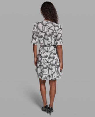 Petite Printed V-Neck Belted Dress