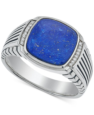 Esquire Men's Jewelry Lapis Lazuli (12 x 12mm) and Diamond Accent Ring in Sterling Silver, Only at Macy's