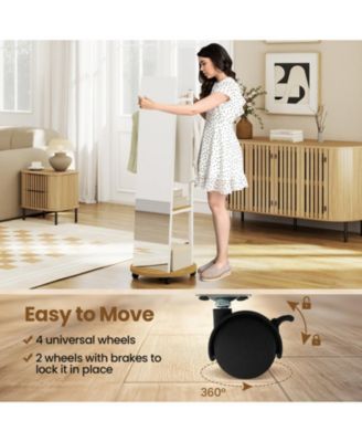 Freestanding Coat Rack with Full-Length Mirror, 3 Hooks and Storage Shelves on Wheels