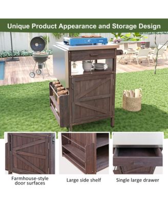 40.5inch Outdoor Grill Cart with Stainless Steel Top, Solid Wood Storage Cabinet with Drop Leaf, Drawer, Towel Rack and Lockable Wheels