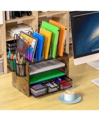 Mesh Desk Organizer 4-Tier Wooden File 5 Holders 2 Pen Drawer