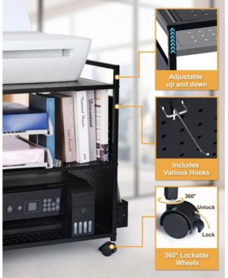 3-Tier Rolling Stand with Pegboard, Adjustable Shelf for Office Home