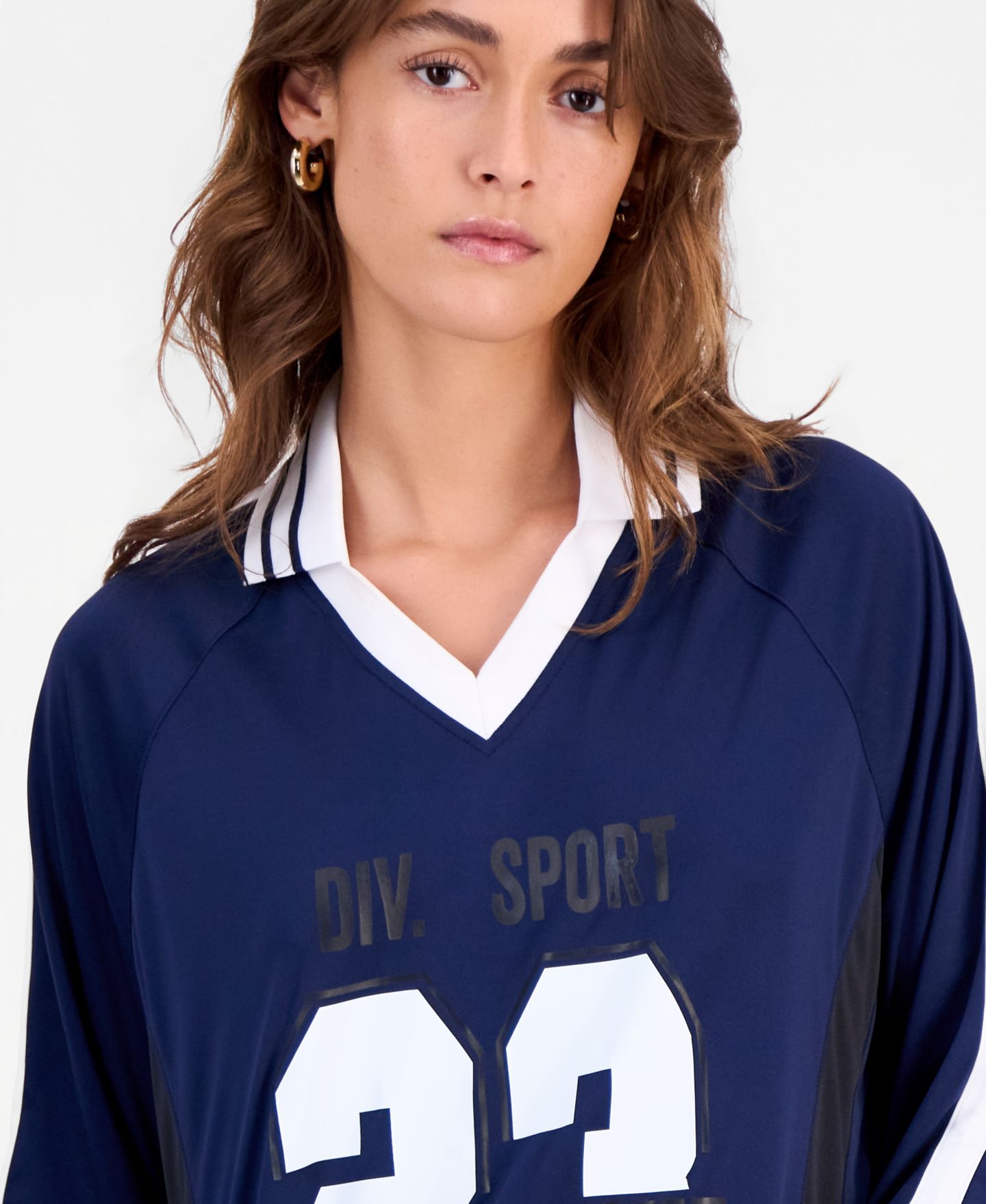 Женский топ Bar III Sporty Graphic Long-Sleeve Polo, цвет: Тёмно-синий — фото 3