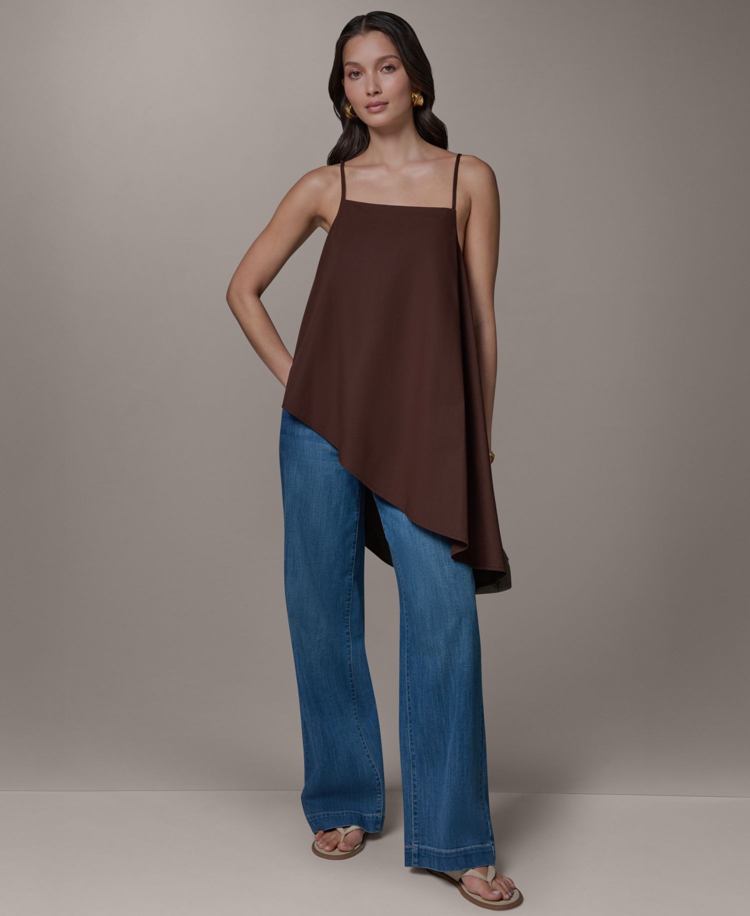 Women's Stretch Poplin Tie-Strap Cami Blouse with Asymmetrical Hem