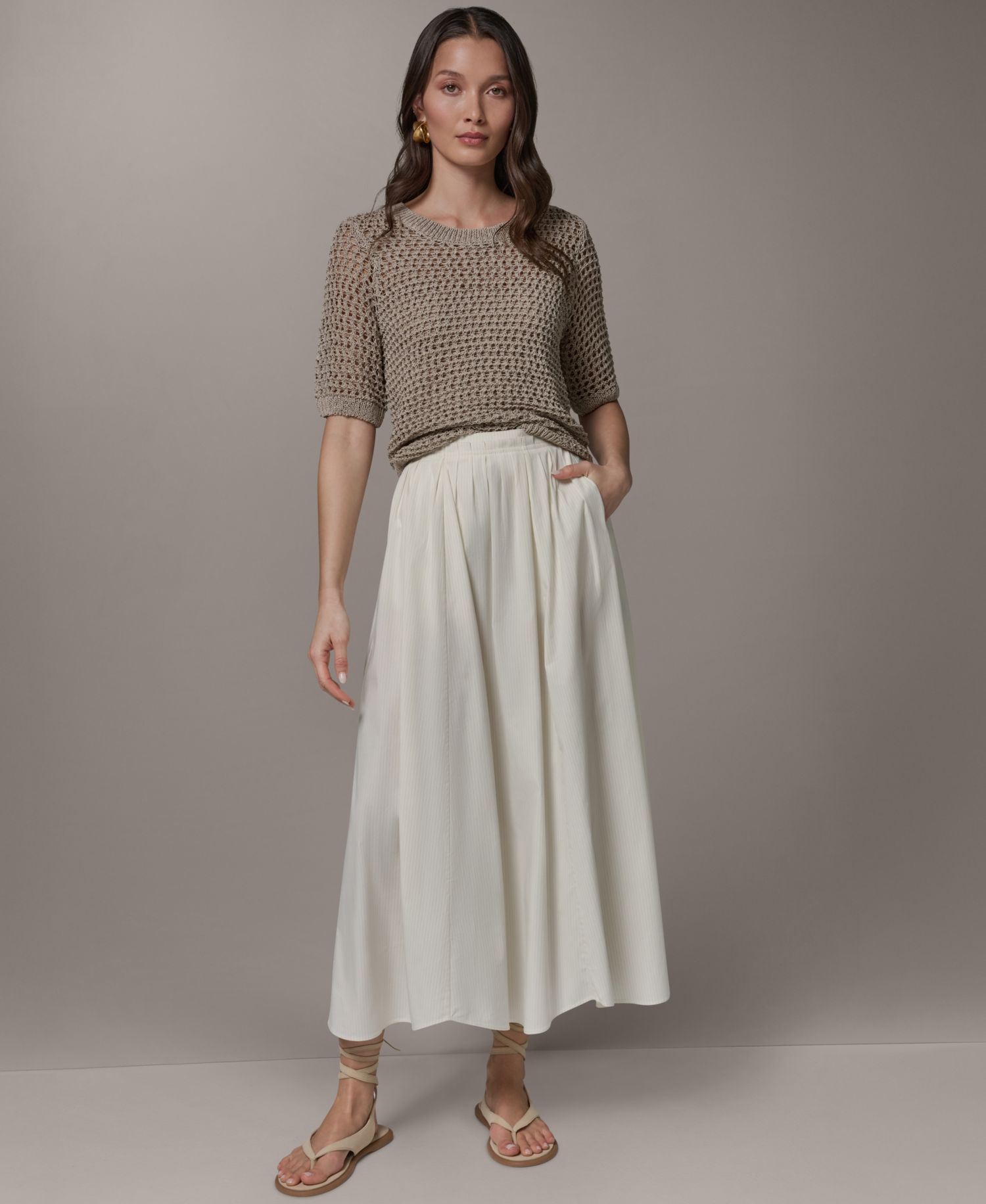 Women's Stretch Poplin Stripe Pleated Skirt with Scalloped Hem