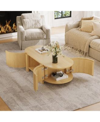 Oval Fluted Coffee Table with Storage, Rubber Solid Wood, Natural, 47