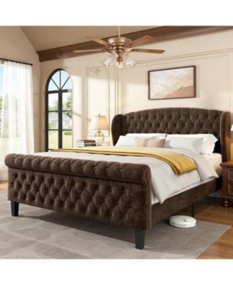 Queen Sleigh Bed Frame, Chenille Wingback Headboard, Button Tufted Footboard, Wood Slat Support, No Box Spring, Noise-Free, Easy Assembly