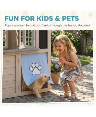 Outdoor Playhouse, Wooden Kids Playhouse with Dog Door, Cookware, Bell