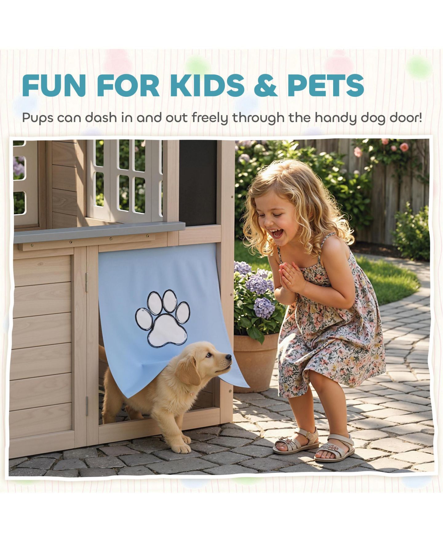Детские игрушки Qaba Cottage 55.5"L x 44.9"W x 64.6"H Wooden Outdoor Playhouse with Play Stove Set and Dog Door, Fits Up to 4 Kids, Ages 2+, цвет: Серый — фото 7