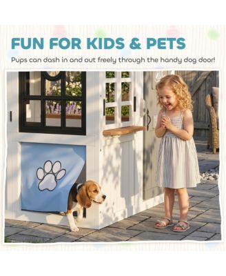 Outdoor Playhouse, Wooden Kids Playhouse with Dog Door for Garden
