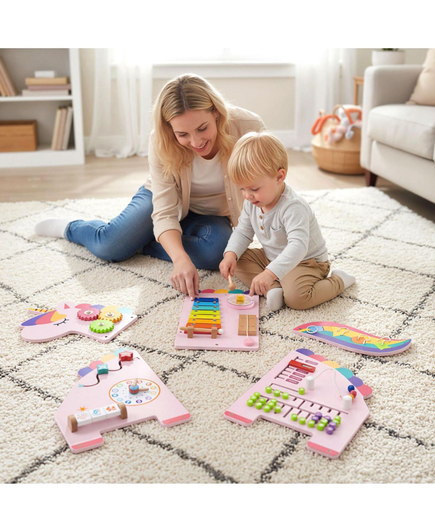 Детская игрушка Slickblue 11 in 1 Toddler Busy Board Dinosaur Wall Activity Learning Toy, цвет: Розовый — фото 2