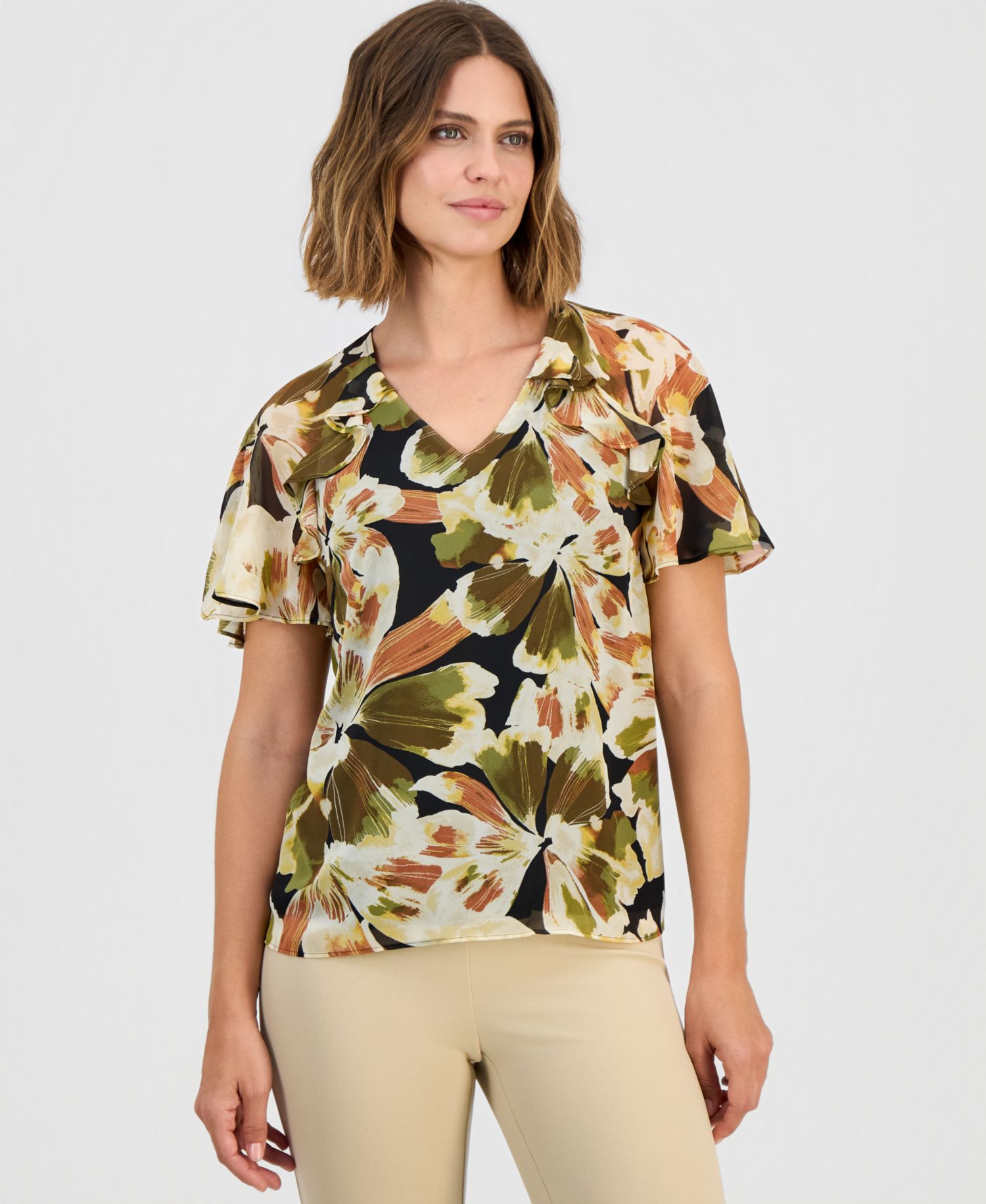 Petite V-Neck Ruffle-Sleeve Blouse