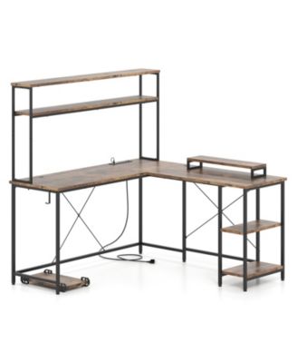 L-Shaped Reversible Gaming Desk with LED Strip and Power Outlets Hutch Monitor Stand