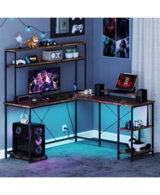 L-Shaped Reversible Gaming Desk with LED Strip and Power Outlets Hutch Monitor Stand