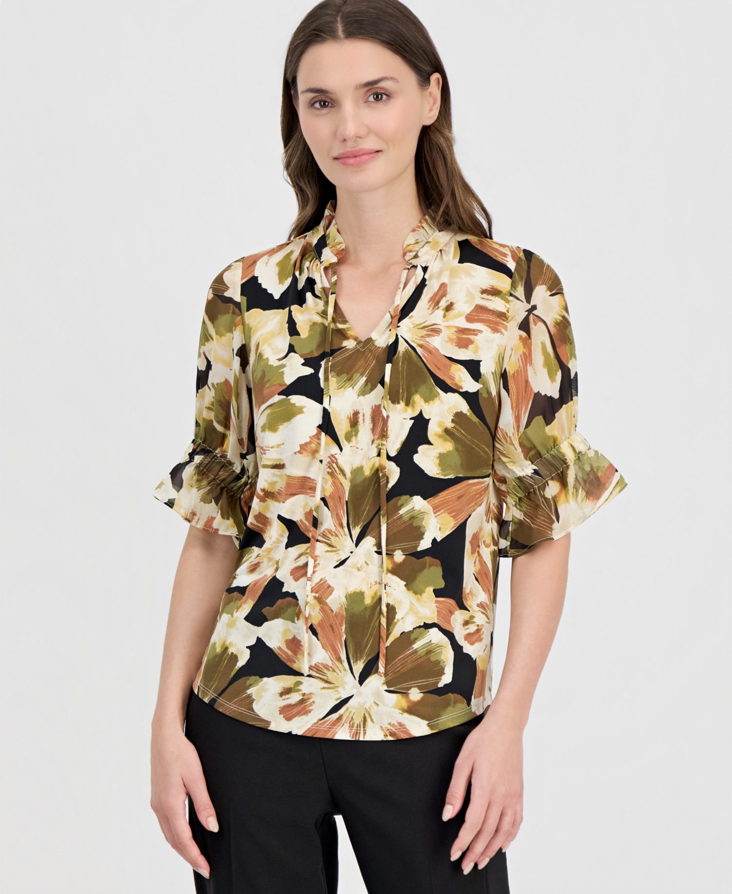 Women's Printed Tie-Front 3/4-Sleeve Blouse