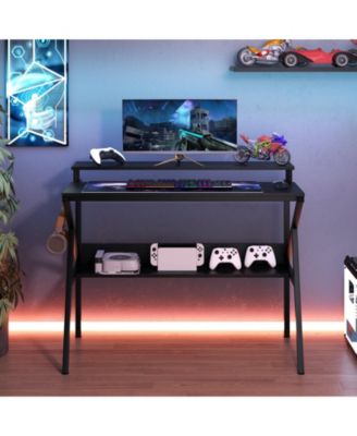 Space Saving Computer Desk with Monitor Stand and Extra Storage Shelf for Work Study-Black