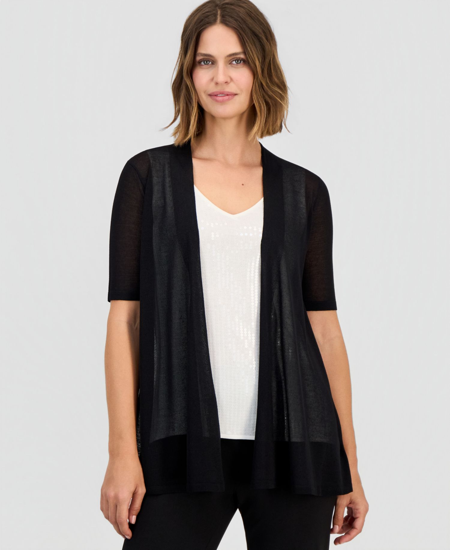 Women's Short-Sleeve Open-Front Semi-Sheer Cardigan