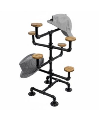 Hat Display Stand 8 Rustic Burnt Wood Hooks Metal Pipe Countertop for Hats Wigs