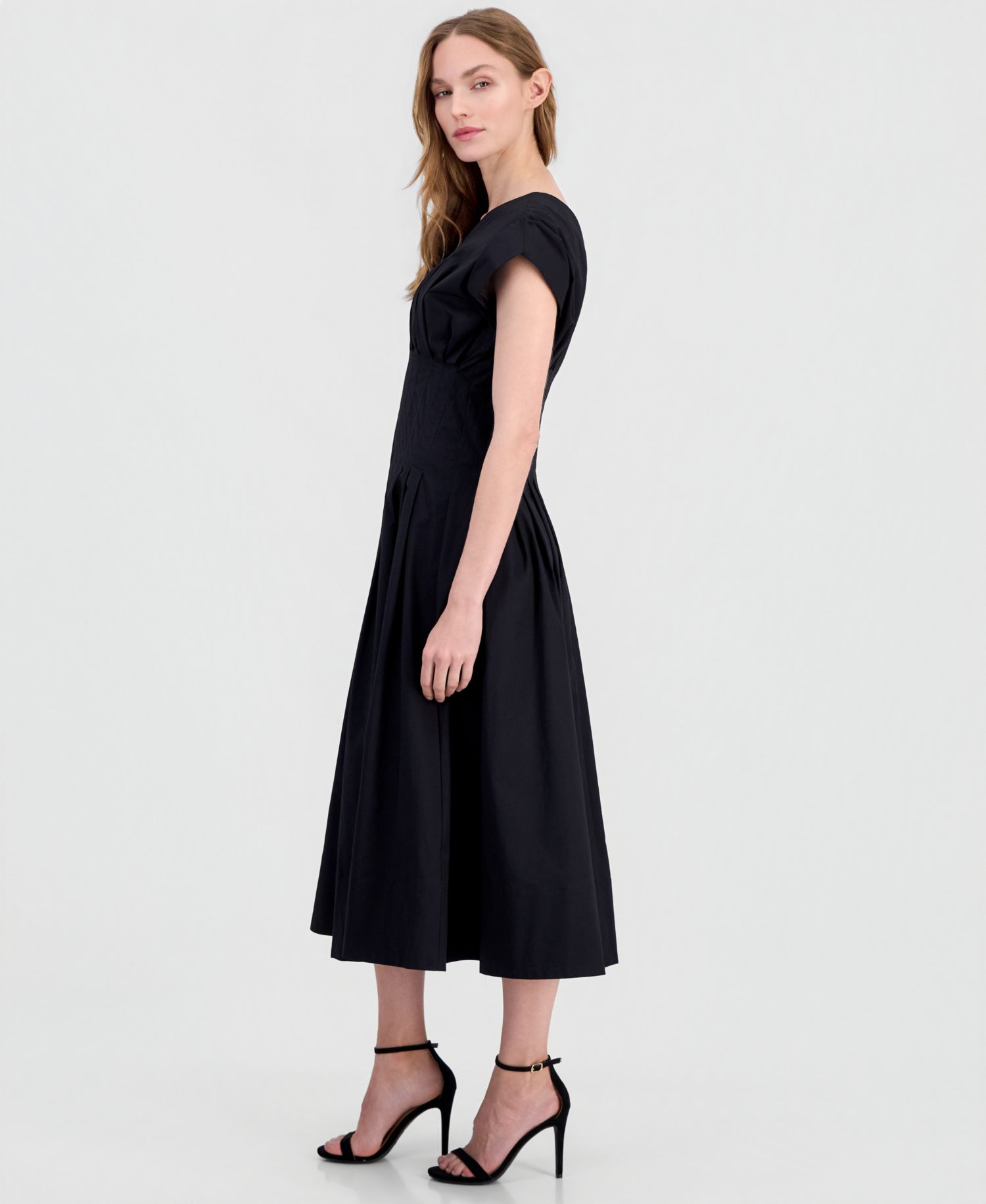 Petite Pleated-Waist V-Neck Midi Dress