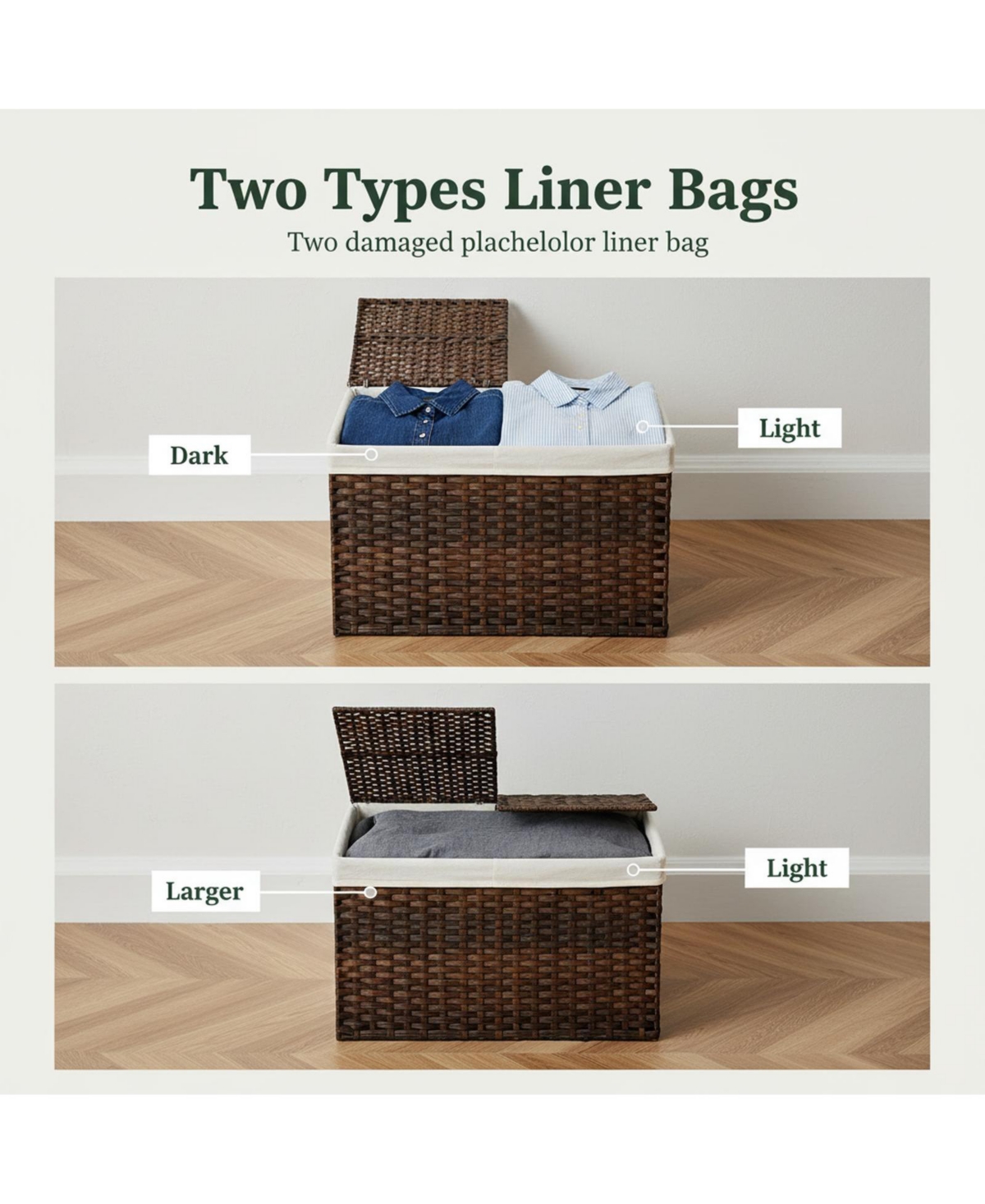 Yigii Storage Basket With Lid Woven Wicker 2 Bins 92 Gallon Foldable Removable Liners For Bedroom Laundry Room