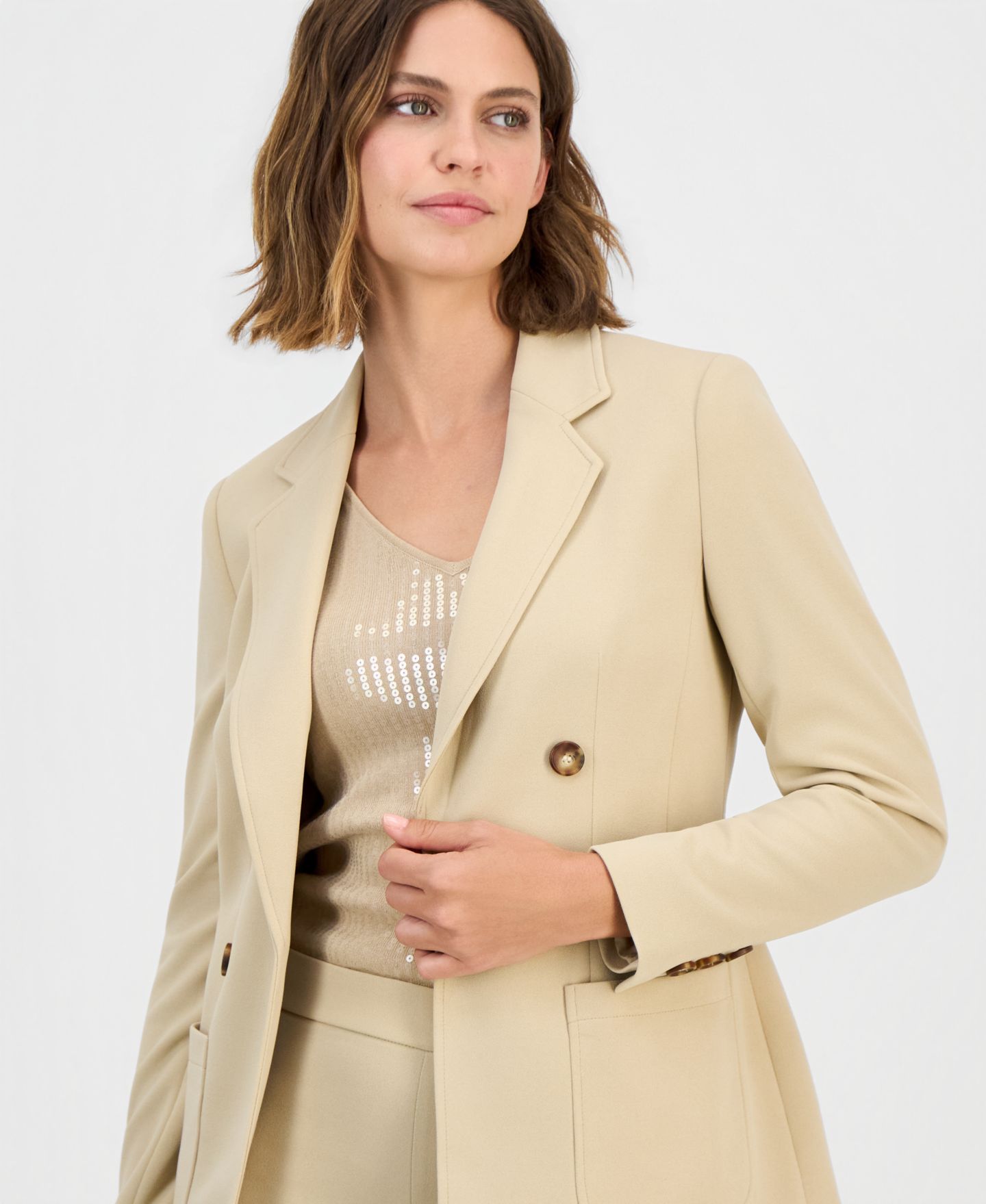 Женский пиджак Anne Klein Faux Double-Breasted Blazer, цвет: Песочный — фото 3