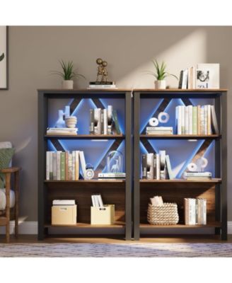 4-Tier Industrial Bookshelf with LED Lighting, Vintage Metal Display Bookcase, Heavy Duty Open Storage for Office, Bedroom
