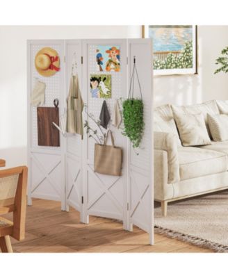 Pegboard Display Stand 4 Panel Folding Room Divider with Wooden Frame